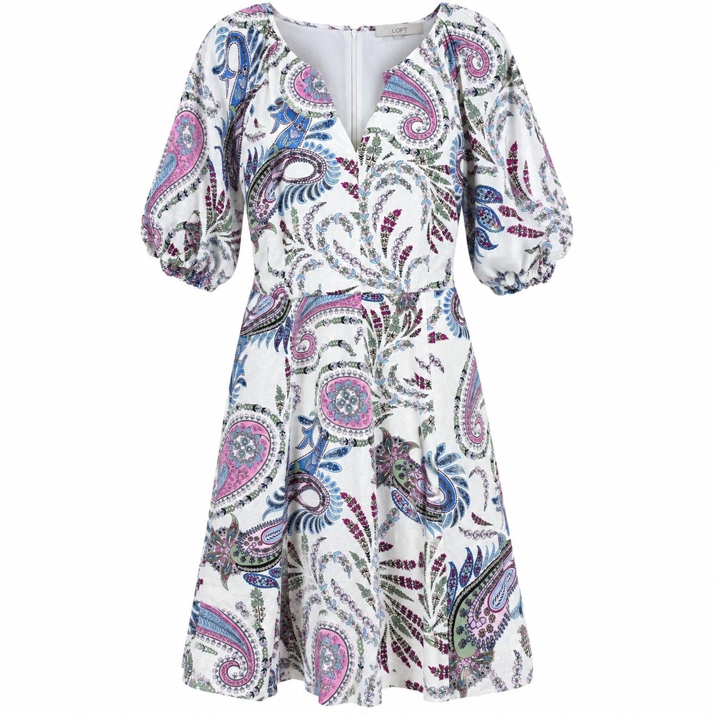 LOFT Womens Paisley Mini Dress 14 Linen Blend White Pink Boho Summer